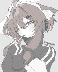 Rule 34 | 1girl, ahoge, animal ear fluff, animal ears, black jacket, black ribbon, blush, brown eyes, brown hair, cigarette, grey background, greyscale, hair between eyes, hair intakes, hair ornament, hair ribbon, hairclip, hiir4gi vrc, holding, holding cigarette, jacket, long sleeves, looking at viewer, mafuyu (vrchat), maid, maid headdress, monochrome, mouth hold, muted color, off shoulder, ribbon, short hair with long locks, sidelocks, simple background, sleeves past fingers, sleeves past wrists, smoke, smoking, solo, spot color, track jacket, turtleneck, twitter username, unconventional maid, upper body, vrchat, x hair ornament