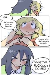 2girls 3: :3 black_hair blonde_hair blush check_copyright copyright_request english_text hair_between_eyes highres long_hair multiple_girls nose_blush on_bed original pinned sketch snowii_cat speech_bubble thought_bubble wavy_hair yuri