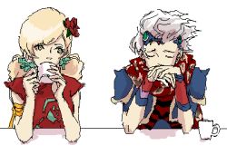 1990s_(style) 1boy 1girl armor blonde_hair ceodore_harvey china_dress chinese_clothes couple double_bun dress final_fantasy final_fantasy_iv final_fantasy_iv:_the_after_years flower hair_ornament long_hair lowres rika_(artist) short_hair ursula_leiden white_hair