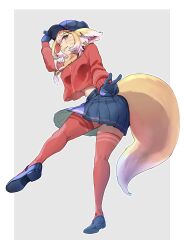 1girl absurdres animal_ears blue_gloves blue_hat blue_shoes blue_skirt border commentary cool_mita_(miside) cool_mita_(miside)_(cosplay) cosplay english_commentary fox_ears fox_girl fox_tail full_body gloves green_eyes grey_background hat highres indie_virtual_youtuber joe_kasumi konoobi_(vtuber) long_sleeves mary_janes midriff_peek miside mita_(miside) newsboy_cap outside_border pleated_skirt red_shirt red_thighhighs shirt shoes skirt solo tail thighhighs v virtual_youtuber white_border yellow_fur