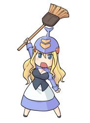 1girl arm_up artist_request black_shirt blonde_hair blue_eyes blue_helmet blue_shoes blue_shrug blue_skirt breasts broom check_artist cleavage deformed dunbi dunbine full_body futaba_channel hair_between_eyes helmet hinemosu_notari holding holding_broom juliet_sleeves large_breasts legs_apart long_hair long_skirt long_sleeves nijiura_maids no_nose open_mouth puffy_sleeves seisenshi_dunbine shirt shoes shrug_(clothing) simple_background skirt solo standing third-party_source v-shaped_eyebrows white_background