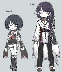 1boy 1girl absurdres armor arms_at_sides black_bridal_gauntlets black_hair black_kimono black_leggings black_pants black_sandals black_shorts black_shrug black_sleeves blunt_bangs blunt_ends bridal_gauntlets chinese_knot closed_mouth english_text expressionless eyeliner eyeshadow fang father_and_daughter full_body furisode genderswap genderswap_(ftm) genderswap_(mtf) genshin_impact grey_background grey_sash hair_over_shoulder highres japanese_armor japanese_clothes juban kimono kote kurokote layered_sleeves leggings long_hair looking_at_viewer low-braided_long_hair low-tied_long_hair makeup mole mole_under_eye open_mouth pants pelvic_curtain pillosopi purple_eyes raiden_shogun red_eyeliner red_eyeshadow red_kimono red_sash rope sandals sanpaku sash scaramouche_(genshin_impact) shimenawa short_sleeves shorts shrug_(clothing) single_sode sketch swept_bangs tabi tassel thigh_strap v-shaped_eyebrows white_kimono white_sleeves wispy_bangs zouri