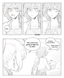 2girls 4koma ahoge alternate_costume apron blush closed_mouth comic couple cross earrings embarrassed english_text fu_hua gloves hair_between_eyes highres holding_pan honkai_(series) honkai_impact_3rd jewelry kiana_kaslana kiana_kaslana_(herrscher_of_flamescion) kitchen maiqo multiple_girls open_mouth ponytail shirt speech_bubble standing sweatdrop twitter_username upper_body v-shaped_eyebrows yuri