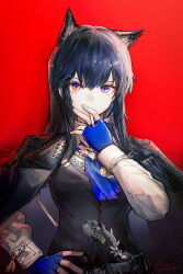 1girl absurdres animal_ear_fluff animal_ears arknights black_coat black_hair black_vest blue_gloves blue_necktie cigarette coat coat_on_shoulders collared_shirt commentary_request fingerless_gloves gloves hair_between_eyes hand_on_own_hip hand_up highres jacket long_hair long_sleeves looking_at_viewer necktie official_alternate_costume orange_eyes red_background runamonet shirt sidelocks signature simple_background smoking solo texas_(arknights) texas_the_omertosa_(arknights) torn_clothes torn_necktie upper_body vest white_shirt wolf_brooch wolf_ears wolf_girl