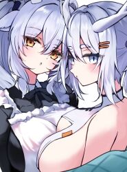 2girls :o animal_ears antlers apron asymmetrical_docking blue_eyes blush breast_press breasts brown_eyes cleavage_cutout clothing_cutout deer_girl dragon_girl dragon_horns dress grey_eyes grey_hair hair_between_eyes hair_ornament hairclip highres horns kuyuyu_(vrchat) large_breasts long_hair looking_at_viewer maid maid_apron maid_headdress milltina_(vrchat) multiple_girls oldsaki open_mouth sideboob simple_background symmetrical_docking twintails vrchat white_background white_hair yellow_eyes