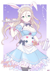 1girl alice_(alice_in_wonderland) alice_(alice_in_wonderland)_(cosplay) animal_ears breasts brown_hair closed_mouth cosplay cup green_eyes highres iris_mysteria! k_(nura-rikuo) large_breasts long_hair rabbit_ears solo teacup teapot will_(iris_mysteria!)