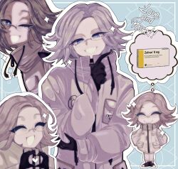 ! !! absurdres aotsuki_eito black_shoes blue_background blue_eyes closed_mouth diamond_(shape) english_text eyelashes full_body glasses grey_hair grin hand_up hands_in_pockets heart heart_hands highres jacket long_sleeves looking_at_viewer male_focus multicolored_shirt one_eye_closed open_mouth outline pants shoes simple_background smile solo solo_focus speech_bubble standing teeth the_hundred_line_-last_defense_academy- thought_bubble upper_body white_jacket white_outline white_pants white_shoes wink zipper zipper_pull_tab zofran