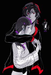 1boy 1girl artist_name black_background closed_mouth commentary dixoterin earrings eyelashes from_side gem holding_hands jacket jewelry junpei_(kyokugen_dasshutsu) kyokugen_dasshutsu long_hair long_sleeves kurashiki_akane ponytail purple_eyes red_eyes short_hair simple_background sparkle spot_color star_(symbol) sweater symbol-only_commentary upper_body zero_escape:_toki_no_dilemma
