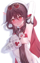 1girl ? ?? arm_up armpits blush breasts brown_hair brown_scarf chinese_clothes eyewear_on_head flower-shaped_pupils genshin_impact hair_between_eyes hair_rings hat highres hu_tao_(cherries_snow-laden)_(genshin_impact) hu_tao_(genshin_impact) long_hair looking_at_viewer medium_breasts nose_blush official_alternate_costume open_mouth pekokota presenting_armpit red-tinted_eyewear red_eyes round_eyewear scarf solo symbol-shaped_pupils tinted_eyewear twintails upper_body white_hat