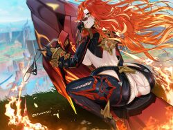 1girl :q absurdres anus ass biker_clothes bikesuit black_bodysuit black_gloves black_panties bodysuit breasts censored commentary earrings english_commentary female_pubic_hair fire flamestrider_(genshin_impact) genshin_impact gloves highres jewelry kawanmushi large_breasts long_hair long_sleeves looking_at_viewer mavuika_(genshin_impact) mosaic_censoring motor_vehicle motorcycle multicolored_hair on_motorcycle orange_eyes orange_hair outdoors panties pubic_hair pussy red_hair red_pubic_hair sideboob solo striped_clothes striped_panties sun_earrings symbol_in_eye tongue tongue_out twitter_username two-tone_hair underwear v very_long_hair