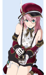 1girl absurdres beret black_ribbon black_skirt blue_gemstone bow breasts camera charlotte_(genshin_impact) closed_mouth commentary_request cowboy_shot cropped_torso detached_sleeves feathers gem genshin_impact gloves green_eyes hat highres holding holding_camera large_breasts long_sleeves medium_hair monocle pink_hair red_hat red_shoes red_sleeves ribbon shirt shoes signature skirt smile solo user_pttv7442 white_bow white_feathers white_gloves white_shirt