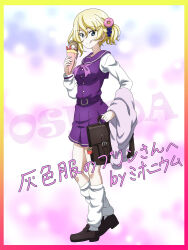 Rule 34 | 1girl, alternate costume, alternate hairstyle, bag, blonde hair, blue eyes, blue scrunchie, blush, breasts, brown bag, brown shoes, cardigan, character name, closed mouth, commission, crepe, donut hair ornament, food, food-themed hair ornament, food on face, girls und panzer, gyaru, hair ornament, highres, holding, holding bag, holding crepe, holding food, holding taiyaki, holding unworn cardigan, jacket, key (gaigaigai123), light frown, looking at viewer, loose socks, miniskirt, neckerchief, official alternate costume, oshida (girls und panzer), pink cardigan, pink neckerchief, pleated skirt, ponytail, purple neckerchief, purple skirt, purple vest, satchel, school uniform, scrunchie, serafuku, shoes, short ponytail, side ponytail, skirt, smile, socks, taiyaki, tied jacket, tongue, tongue out, unworn cardigan, vest, wagashi, white serafuku, white socks