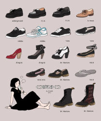 Rule 34 | 1girl, barefoot, black dress, black eyes, black hair, bob cut, boots, bracelet, cup, disposable coffee cup, disposable cup, dress, drink, drinking, flip-flops, full body, grey background, half-closed eyes, high heels, holding, holding drink, jewelry, long dress, mary janes, necklace, original, pleated dress, sandals, shoes, short hair, short sleeves, simple background, sitting, sneakers, steam, temari114, unworn shoes