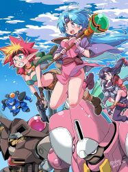 1boy 3girls absurdres armor artist_name bakunetsumaru_(haou_taikei_ryuu_knight) bandaged_ankle bandeau belt belt_buckle belt_pouch black_belt black_headband blonde_hair blue_hair blue_sky blush boots breasts brown_gloves brown_pants buckle capelet chest_guard cleavage closed_mouth cloud commentary curtained_hair dated derringer_(haou_taikei_ryuu_knight) dress fingerless_gloves fishnets floating floating_hair flying_sweatdrops glasses glomp gloves green_bandeau green_capelet green_eyes grin gun handgun haou_taikei_ryuu_knight headband heads_together heart helmet highres holding holding_gun holding_staff holding_weapon hug iori_(haou_taikei_ryuu_knight) isedaichi_ken japanese_clothes jewelry katze leg_lock long_hair looking_at_another low-tied_long_hair magidora mask mecha medium_breasts mouth_mask multicolored_hair multiple_girls ninja ninja_mask open_mouth orb outdoors paffy_pafuricia pants pauldrons pink_dress pink_shoes pink_socks pouch purple_belt purple_boots purple_eyes purple_pants purple_shirt red_eyes red_hair robot sarutobi_(haou_taikei_ryuu_knight) shirt shoes shoulder_armor sky smile socks spiked_hair staff surprised thighs twitter_username two-tone_hair vambraces weapon white_gloves