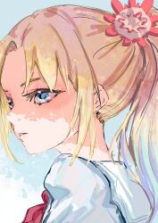 1girl absurdres blonde_hair blue_dress blue_eyes blue_hair commentary_request curtained_hair dress flower gradient_hair hair_flower hair_ornament hasu_no_sora_school_uniform highres jin_(oihlf) link!_like!_love_live! long_hair love_live! multicolored_hair neckerchief osawa_rurino outdoors parted_bangs parted_lips pink_flower ponytail portrait red_neckerchief sailor_collar school_uniform shade sidelocks solo summer_uniform upper_body virtual_youtuber white_sailor_collar