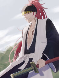 1boy abarai_renji animal_print black_kimono bleach bleach:_sennen_kessen-hen chest_tattoo cloud collarbone cowboy_shot haori headband hhjr_3me high_ponytail highres holding holding_sword holding_weapon japanese_clothes kimono long_hair male_focus neck_tattoo obi outdoors pectoral_cleavage pectorals ponytail red_eyes red_hair sash sheath sheathed shihakusho sideburns sky smile sword taichou_haori tattoo tiger_print weapon white_haori white_sash