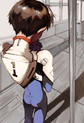 1boy absurdres bodysuit foreshortening highres ikari_shinji mecha_pilot_suit neon_genesis_evangelion plugsuit_(evangelion) seat shadow short_hair solo train_interior wooden_floor zhou_(ojiya_1519)