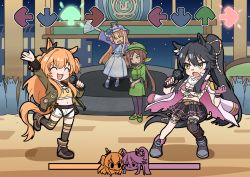 &gt;_&lt; 4girls :d :o ^_^ akikawa_yayoi_(umamusume) animal animal_ears animal_on_head arm_up arrow_(symbol) black_cat black_footwear black_hair black_ribbon black_skirt black_thighhighs blue_jacket boots bow breasts brown_jacket cat chibi cleavage closed_eyes commentary_request crop_top dress ear_ribbon fang friday_night_funkin&#039; gameplay_mechanics green_headwear green_jacket green_skirt hair_between_eyes hand_fan hat hayakawa_tazuna highres holding holding_fan holding_microphone horse_ears horse_girl horse_tail jacket jacket_on_shoulders korean_commentary long_hair long_sleeves mayano_top_gun_(umamusume) medium_breasts microphone midriff multicolored_hair multiple_girls narita_brian_(umamusume) navel on_head open_clothes open_jacket open_mouth orange_hair pantyhose people pleated_skirt ponytail puffy_long_sleeves puffy_sleeves purple_pantyhose ribbon sarashi shirt short_shorts shorts single_thighhigh skirt smile standing standing_on_one_leg streaked_hair tail thighhighs thighhighs_under_boots two_side_up umamusume unneul v-shaped_eyebrows very_long_hair white_dress white_headwear white_jacket white_shorts wide_sleeves yellow_eyes yellow_shirt