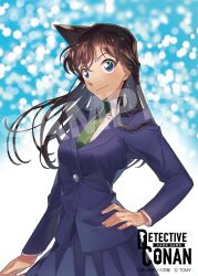 1girl black_hair blazer blue_background blue_eyes blue_jacket blue_skirt closed_mouth collared_shirt copyright_logo copyright_notice cowboy_shot floating_hair green_necktie hand_on_own_hip highres jacket long_hair long_sleeves looking_at_viewer meitantei_conan miniskirt mizuki_(4985964) mouri_ran necktie official_art pleated_skirt sample_watermark school_uniform shirt skirt smile solo standing teitan_high_school_uniform watermark white_shirt winter_uniform