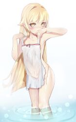 1girl absurdres blonde_hair blush collarbone completely_nude covered_mouth covered_navel covering_own_mouth dress eyelashes feet_out_of_frame female_focus flat_chest hand_over_own_mouth hands_up highres loli long_hair looking_at_viewer matching_hair/eyes meemz_a monogatari_(series) nude oshino_shinobu pointy_ears simple_background sleeveless sleeveless_dress solo standing unworn_dress vampire water wet wet_clothes white_background white_dress yellow_eyes