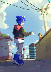 Rule 34 | 1girl, :3, animal ears, bear ears, bear girl, black choker, black jacket, blue hair, blue leg warmers, blue shoes, blue sky, blunt bangs, blunt ends, blunt sidelocks, borrowed character, building, cat, center-flap bangs, choker, chromatic aberration, city, closed eyes, cloud, commentary, day, dress, english commentary, from behind, go! go! gris!, gris (go! go! gris!), half-closed eyes, half updo, hand up, highres, hood, hood down, hooded jacket, jacket, kneehighs, leg warmers, long eyelashes, long sleeves, looking at animal, looking to the side, multicolored jacket, on wall, orange cat, original, pavement, pink eyes, pink jacket, pink trim, pointing, pointing at another, ponytail, profile, raised eyebrows, red eyes, shadow, shoes, short dress, short ponytail, sidelocks, sideways mouth, sky, smile, socks, solo, sunlight, tae indy, thick eyelashes, thighs, turning head, twitter username, two-tone jacket, utility pole, walking, white dress, white socks