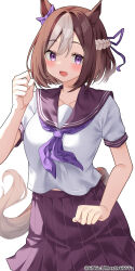 1girl :d absurdres alternate_costume animal_ears blush bow braid breasts brown_hair brown_tail clenched_hand collarbone commentary cowboy_shot curled_fingers double-parted_bangs ear_bow fingernails hair_between_eyes hair_ribbon half_up_braid hand_up highres horse_ears horse_girl horse_tail looking_at_viewer medium_breasts multicolored_hair neckerchief open_mouth pleated_skirt purple_bow purple_eyes purple_neckerchief purple_ribbon purple_sailor_collar purple_skirt ribbon sailor_collar school_uniform serafuku short_hair short_sleeves simple_background skirt smile solo special_week_(umamusume) streaked_hair summer_uniform tail twitter_username two-tone_hair umamusume white_background white_hair white_serafuku white_streaks yamano_rokamizu