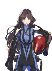 1girl bare_shoulders blue_bodysuit bodysuit breasts brown_eyes brown_hair clenched_hand closed_mouth clothing_cutout elbow_gloves exoskeleton expressionless facing_viewer fukuda_tomonori full_body gloves helmet high_collar highres holding holding_helmet lips long_hair looking_at_viewer mecha_pilot_suit medium_breasts non-web_source official_art parted_bangs pink_lips robotics;notes scan science_adventure senomiya_misaki shoulder_cutout simple_background solo striped_bodysuit vertical-striped_bodysuit white_background