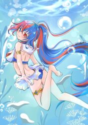 1girl alear_(female)_(fire_emblem) alear_(fire_emblem) blue_eyes blue_hair crossed_bangs fire_emblem fire_emblem_engage fire_emblem_heroes gold_thighlet heterochromia highres kogeko0517 long_hair looking_at_viewer multicolored_hair nintendo ocean official_alternate_hairstyle red_eyes red_hair smile solo split-color_hair two-tone_hair underwater very_long_hair