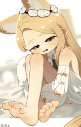 1girl :d absurdres animal_ears artist_name bare_legs bare_shoulders barefoot blonde_hair blue_archive blurry blurry_background brown_eyes crossed_legs daku_k detached_sleeves dress flower fox_ears full_body hair_flower hair_ornament half-closed_eyes highres hugging_own_legs knees_to_chest long_hair long_sleeves looking_at_viewer lower_teeth_only open_mouth puffy_long_sleeves puffy_sleeves seia_(blue_archive) short_dress signature sitting smile soles solo teeth very_long_hair white_dress white_flower white_sleeves