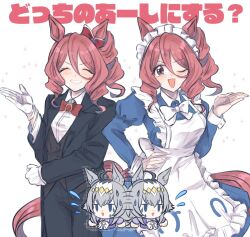 2girls animal_ears apron black_suit blue_dress bow bowtie brown_eyes brown_hair butler dress drill_hair formal_clothes gloves grin hair_between_eyes hand_on_own_hip horse_ears horse_girl horse_tail juliet_sleeves long_sleeves looking_at_viewer maid_apron maid_headdress multiple_girls norn_ace_(umamusume) obaa-chan_(golden_retriever) oguri_cap_(umamusume) one_eye_closed puffy_sleeves red_bow red_bowtie side_drill smile suit tail umamusume umamusume:_cinderella_gray white_gloves