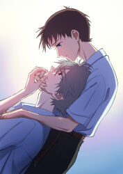 Rule 34 | 2boys, adam&#039;s apple, blue eyes, brown hair, closed mouth, collared shirt, dutch angle, feet out of frame, fingernails, gradient background, grey hair, hair between eyes, hand on another&#039;s chest, hand on another&#039;s chin, hand on another&#039;s hand, head back, highres, ikari shinji, male focus, multiple boys, nagisa kaworu, neon genesis evangelion, parted bangs, profile, red eyes, school uniform, shirt, shirt tucked in, smile, standing, tokyo-3 middle school uniform, white shirt, wing collar, yaoi, yellowfish