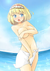 Rule 34 | 1girl, :o, alice margatroid, arnest, blonde hair, blue eyes, blue sky, blush, breasts, cleavage, cloud, cloudy sky, collarbone, commentary request, commission, covering breasts, covering crotch, covering privates, cowboy shot, frilled hairband, frills, hairband, hand up, highres, lolita hairband, looking at viewer, medium hair, naked sarong, navel, ocean, open mouth, red hairband, sarong, skeb commission, sky, solo, sparkle, standing, stomach, touhou, white sarong