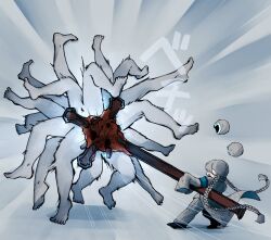 1girl armband black_shoes blue_armband blue_star braid coat cross e.g.o_(project_moon) employee_(project_moon) extra_legs flesh_idol grey_coat grey_hair grey_pants highres holding holding_cross lobotomy_corporation long_hair low_twin_braids monster nugget_(project_moon) one-hour_drawing_challenge open_mouth pants project_moon shoes smile sound_of_a_star_(e.g.o) twin_braids very_long_hair yatsumeunagi
