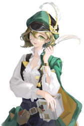 1girl :d absurdres belt_pouch black_shorts black_vest breasts brown_hair cabbie_hat cape cleavage green_cape green_eyes green_hat hand_up hat hat_feather highres holding holding_notebook holding_quill jieyi_yi long_sleeves notebook open_clothes open_mouth open_vest pouch quill recoleta_(reverse:1999) reverse:1999 shirt short_hair shorts side_cape smile solo upper_body vest white_background white_shirt
