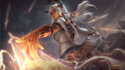 Rule 34 | 1girl, absurdres, blank eyes, bow (weapon), dark-skinned female, dark skin, english text, floating, floating object, floating sword, floating weapon, glowing, glowing weapon, grey sky, highres, holding, holding bow (weapon), holding weapon, horns, ishtar (ascended) (smite), ishtar (smite), logo, long hair, looking at viewer, looking back, official alternate costume, official art, outdoors, quiver, sky, smite, solo, sword, twintails, weapon, white hair