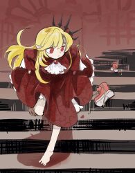 1girl ascot black_crown blonde_hair crown don_quixote_(project_moon) dress flower full_body gem hair_flower hair_ornament highres kojocho05 limbus_company long_hair long_sleeves no_shoes pointy_ears project_moon red_background red_brooch red_dress red_flower red_gemstone red_rose red_shoes rose running sancho_(project_moon) shoes simple_background solo stairs white_ascot yearning-mircalla_(e.g.o)