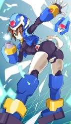 1girl absurdres aile_(mega_man_zx) aqua_eyes arm_cannon ass bent_over biometal blue_jacket bodysuit breasts brown_hair cropped_jacket grid highres himuro_yukichiko jacket layered_sleeves long_sleeves looking_at_viewer mega_man_(series) mega_man_zx model_x_(mega_man) open_clothes open_jacket puffy_short_sleeves puffy_sleeves purple_bodysuit short_hair short_over_long_sleeves short_sleeves skin_tight small_breasts solo weapon