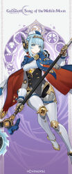1girl blue_eyes blue_hair breasts cape circular_saw commentary english_commentary foot_out_of_frame genshin_impact hat highres holding holding_weapon ineffa_(genshin_impact) leotard looking_at_viewer official_art saw short_hair sidelocks small_breasts solo weapon