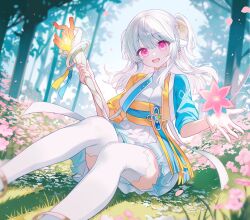 Rule 34 | 1girl, :d, animal ears, blue jacket, character request, commentary request, cropped jacket, day, feet out of frame, forest, g ieep, hair between eyes, head tilt, highres, holding, holding staff, horns, jacket, long hair, looking at viewer, maplestory, nature, obi, open mouth, outdoors, petals, pink eyes, pleated skirt, puffy short sleeves, puffy sleeves, sash, sheep ears, sheep girl, sheep horns, short sleeves, skirt, smile, solo, staff, thighhighs, tree, two side up, white skirt, white thighhighs
