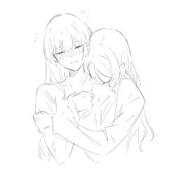 2girls bang_dream! blush closed_eyes closed_mouth commentary drunk greyscale highres hikawa_sayo hug kanade_(kanade_3344) long_hair long_sleeves monochrome multiple_girls shirokane_rinko simple_background upper_body white_background yuri