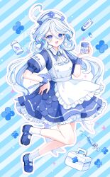 1girl ahoge alternate_costume apron ascot blue_dress blue_eyes blue_hair blue_pupils blue_shoes blue_wrist_cuffs commentary_request diagonal-striped_background dress drop-shaped_pupils frilled_apron frills full_body furina_(genshin_impact) genshin_impact hair_between_eyes hand_on_own_hip hand_up hat heterochromia highres holding long_hair looking_at_viewer multicolored_hair nurse nurse_cap open_mouth pill pink_pupils shoes socks solo streaked_hair striped_background symbol-shaped_pupils syringe very_long_hair white_apron white_ascot white_hair white_socks wrist_cuffs yutukicom