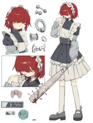 1girl absurdres apron arm_warmers barbell_piercing baseball_bat black_nails black_shirt black_skirt blood bloody_weapon blush bow corset ear_piercing earrings finger_to_mouth full_body grey_footwear hair_over_eyes hand_up highres holding holding_baseball_bat jewelry kneehighs long_bangs long_legs long_sleeves looking_at_viewer maid maid_headdress mary_janes multiple_views nail nail_(hardware) nail_bat nanoni! original overskirt parted_lips piercing pink_bow red_eyes red_hair shirt shoes short_hair simple_background skirt socks standing unconventional_maid unworn_bow weapon white_apron white_background white_socks zoom_layer
