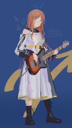 1girl alternate_costume bang_dream! bang_dream!_it&#039;s_mygo!!!!! bass_guitar belt blue_background boots brown_hair dress epppppp grey_eyes highres holding holding_bass_guitar holding_instrument instrument knee_boots long_hair music mygo!!!!!_(bang_dream!) mygo!!!!!_logo_(bang_dream!) nagasaki_soyo playing_bass_guitar playing_instrument simple_background white_dress