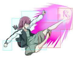 1girl aura black_jacket blush dress fighting_game genocide_cutter geta green_dress hiroi_kikuri hitbox hokuto_no_ken jacket open_clothes open_jacket purple_hair shin_(hokuto_no_ken) sleeveless sleeveless_dress solo thighs torako_(toramaru) white_background