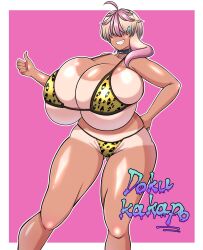 1girl animal_print bikini blonde_hair breasts bursting_breasts choker codeorange162 deep_skin ear_piercing facing_viewer female_focus gigantic_breasts grin gyaru hand_on_own_hip hidden_eyes highres hoshizaki_mika micro_bikini original outline piercing pink_background pink_hair shiny_skin skindentation smile solo standing swimsuit tan tanline thick_thighs thighs thumbs_up tiger_print tiger_print_bikini underboob white_outline wide_hips
