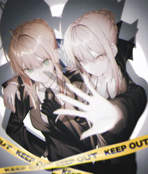 2girls ahoge arm_around_shoulder artoria_pendragon_(fate) blonde_hair braid caution_tape chromatic_aberration closed_mouth commentary dark_persona dual_persona english_commentary fate/stay_night fate_(series) formal_clothes fov_ps green_eyes hair_ribbon heaven&#039;s_feel highres holding_necktie looking_at_viewer multiple_girls necktie ribbon saber_(fate) saber_alter short_hair simple_background suit yellow_eyes