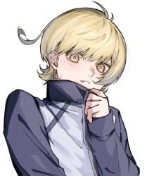 1boy ahoge blonde_hair blue_lock charles_chevalier closed_mouth daizu_yomibbnb2 fang huge_ahoge jacket looking_to_the_side male_focus simple_background sportswear white_background yellow_eyes