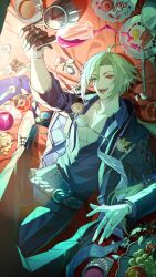 Rule 34 | 1boy, 1other, :d, absurdres, ahoge, alcohol, apple, arm up, bacon, black gloves, black jacket, black pants, blonde hair, blue eyes, bracelet, candelabra, candle, candlestand, coin, collarbone, collared shirt, commentary, cookie, cup, drinking glass, earrings, english commentary, fangs, fire, food, food request, fork, fruit, gem, glint, gloves, gold ring, grapes, hair between eyes, heterochromia, highres, hinatsu, holding, holding cup, hugo vlad, jacket, jacket partially removed, jewelry, knife, lapel pin, lapels, light particles, long hair, looking at viewer, low ponytail, lying, male focus, mole, mole under eye, multiple rings, necktie, off shoulder, on back, on table, open clothes, open jacket, open mouth, open shirt, pants, parted bangs, pectoral cleavage, pectorals, pointy ears, pomegranate, ponytail, pov, purple shirt, red eyes, red wine, ring, saucer, second-party source, shirt, sidelocks, single glove, smile, solo focus, spoon, table, table knife, tablecloth, tea, teacup, teapot, teeth, thumb ring, thumbprint cookie, tray, undone necktie, upper teeth only, very long hair, watch, white necktie, wine, wine glass, wristwatch, zenless zone zero