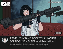 1girl artist_name asmr black_gloves black_nails couch devil_may_cry_(series) devil_may_cry_5 fake_screenshot fake_video gloves green_eyes heterochromia highres holding holding_rocket_launcher holding_weapon jacket juliewithaxe kalina_ann_(weapon) lady_(devil_may_cry) nail_polish on_couch red_eyes rocket_launcher shirt smirk weapon white_jacket white_shirt
