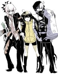 1girl 2boys ahoge bad_id bad_pixiv_id bag bike_shorts brown_eyes brown_hair height_difference high_collar hood hoodie kido_hyde linne_(under_night_in-birth) locked_arms multicolored_hair multiple_boys necktie seth_(under_night_in-birth) shopping_bag sleeping_bag socks two-tone_hair umami_mazu under_night_in-birth white_hair